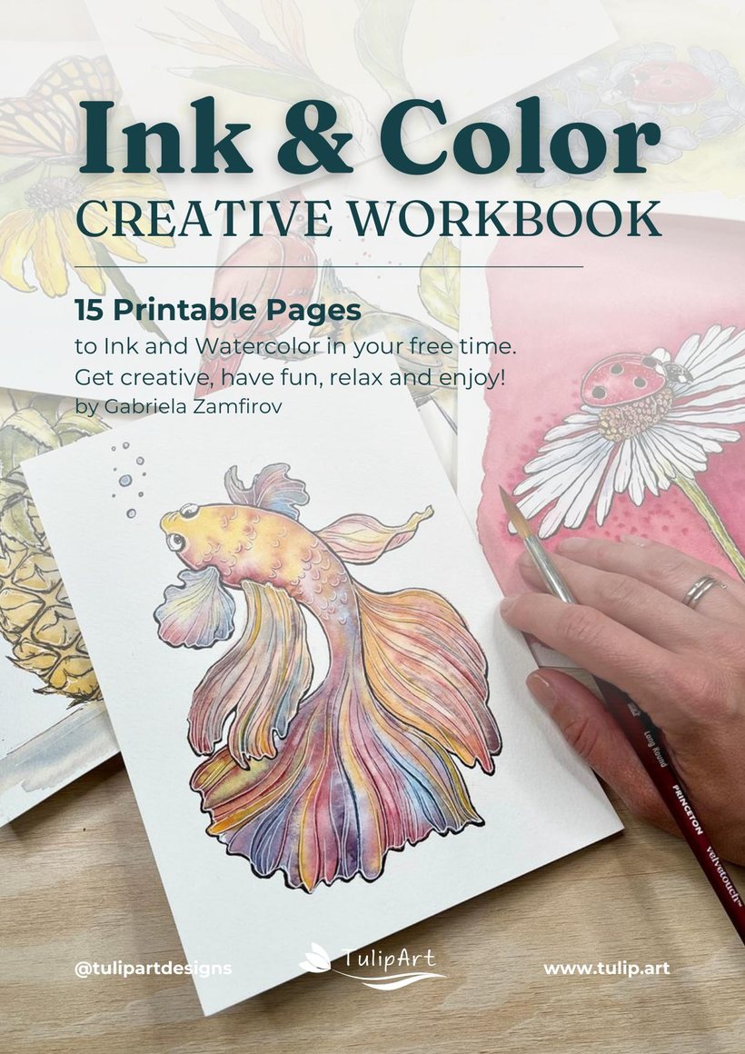 The cover of the Ink & Color Creative Workbook by Gabriela Zamfirov, showing a watercolor betta fish being painted
